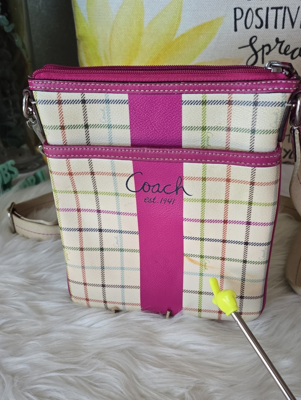Coach Tattersall Cream Plaid Crossbody Bag with Pink Trim - Picture 7 of 13